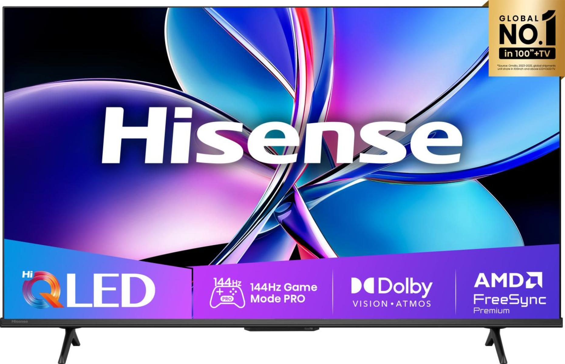 Telewizor Hisense QLED wyświetlający kolorową grafikę i funkcje takie jak tryb gry 144Hz, Dolby Vision i AMD FreeSync.