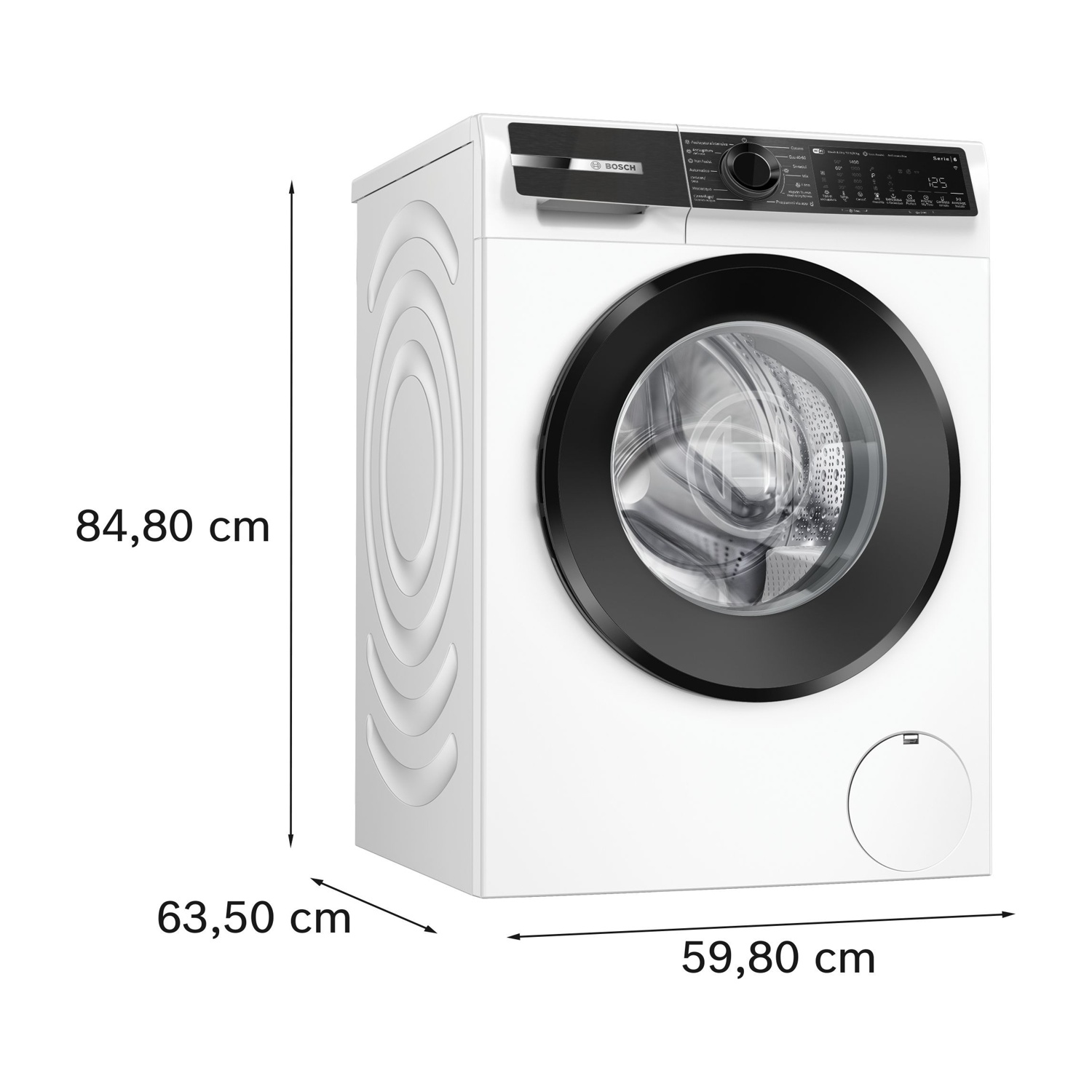 Lavatrice Bosch bianca con dimensioni di 84,80 cm di altezza, 59,80 cm di larghezza e 63,50 cm di profondità.