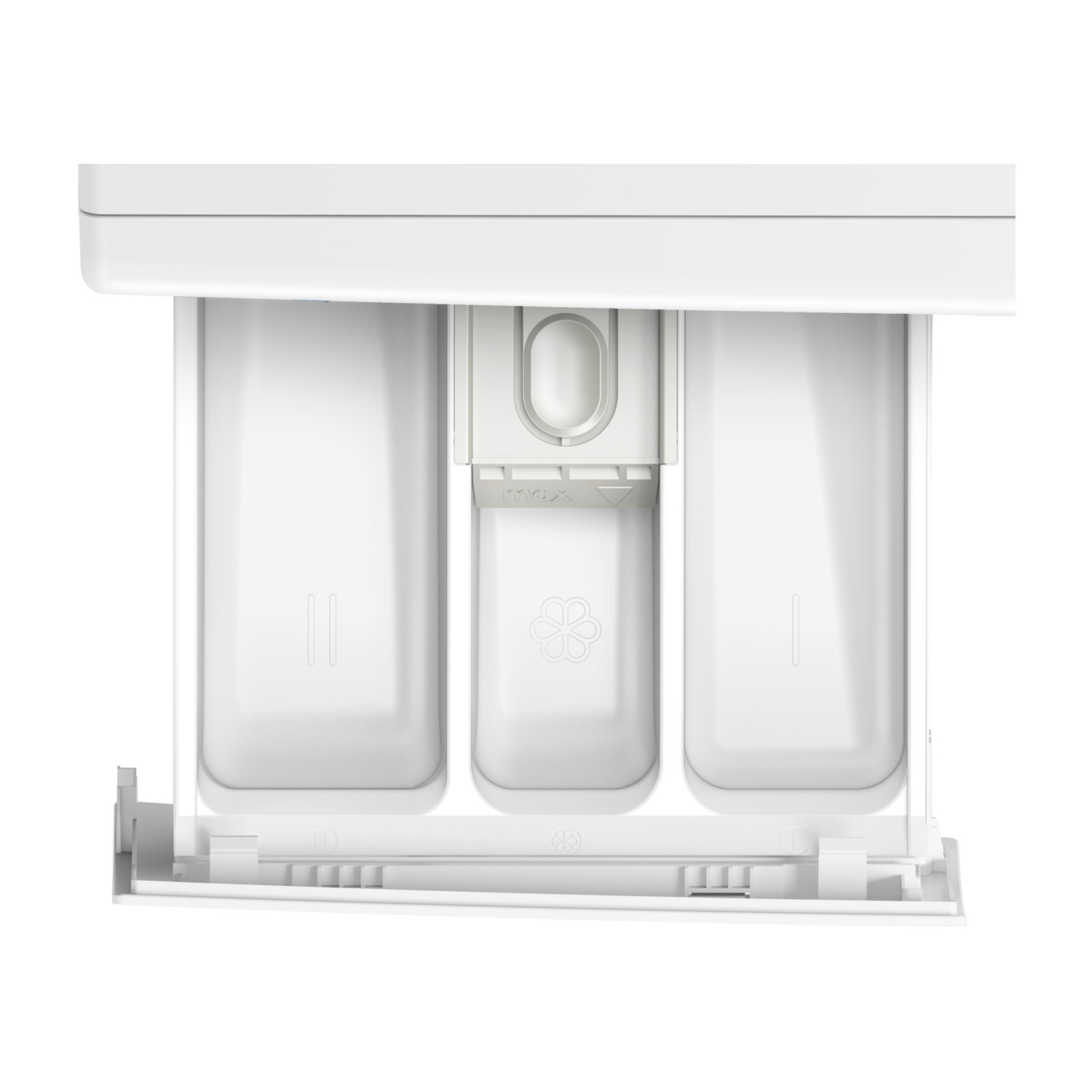 Un cassetto per detersivo bianco per lavatrice con tre scomparti.