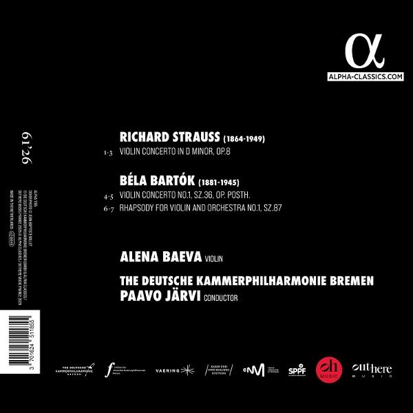 Schwarzes CD-Cover mit weißem Text für Werke von Richard Strauss und Béla Bartók, gespielt von Alena Baeva.