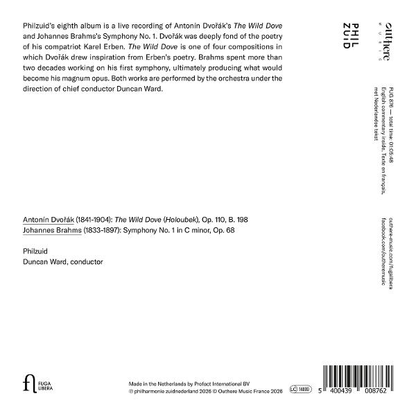 Rückseite einer Musik-CD mit Text über Werke von Dvořák und Brahms, Dirigent Duncan Ward und Barcode unten.