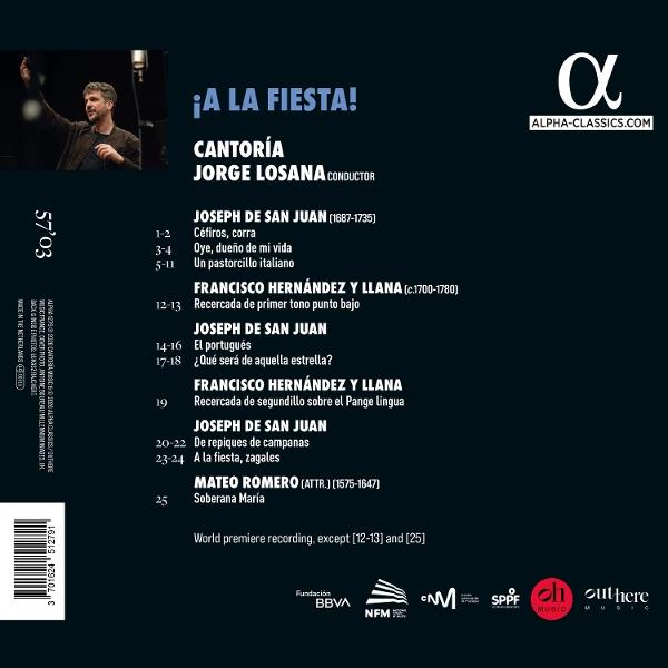 CD-Rückseite mit Titelliste für ¡A La Fiesta! mit Dirigent Jorge Losana und Chor Cantoría auf schwarzem Hintergrund.