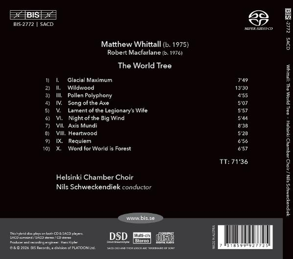 Rückseite des CD-Covers mit Trackliste für Matthew Whittalls The World Tree, aufgeführt vom Helsinki Chamber Choir.