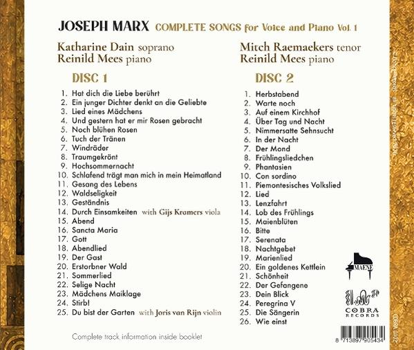 Rückseite des CD-Covers mit Trackliste für Joseph Marx: Complete Songs Vol. 1.