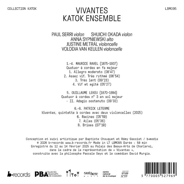 CD-Rückseite mit Trackliste klassischer Musik von Ravel, Lekeu und Leterme sowie Logos und Barcode.