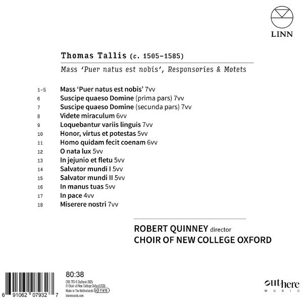 Rückseite des Thomas-Tallis-Musikalbums mit Trackliste, Barcode und Linn-Logo.