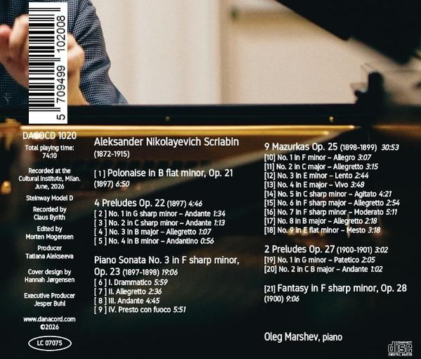 Rückseite einer CD-Hülle mit Scriabin-Klavierstücken und Tracklist.