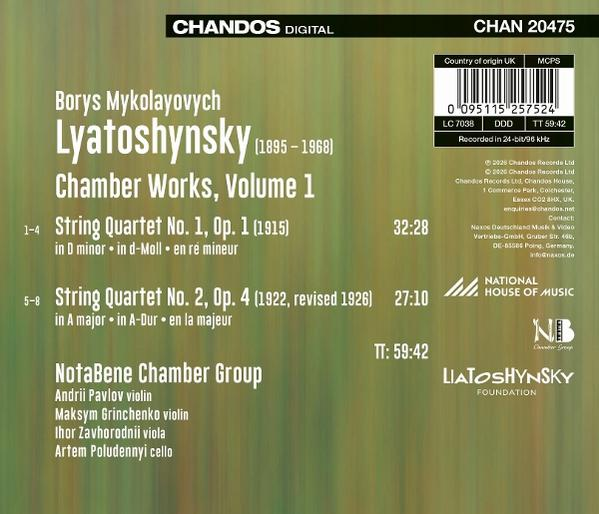 Rückseite einer Musik-CD mit Text über Lyatoshynskys Kammermusik vor grünem Hintergrund.