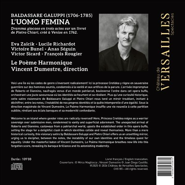 Albumcover für L'Uomo Femina von Galuppi mit einem Porträt von Dirigent Vincent Dumestre und Beschreibung.