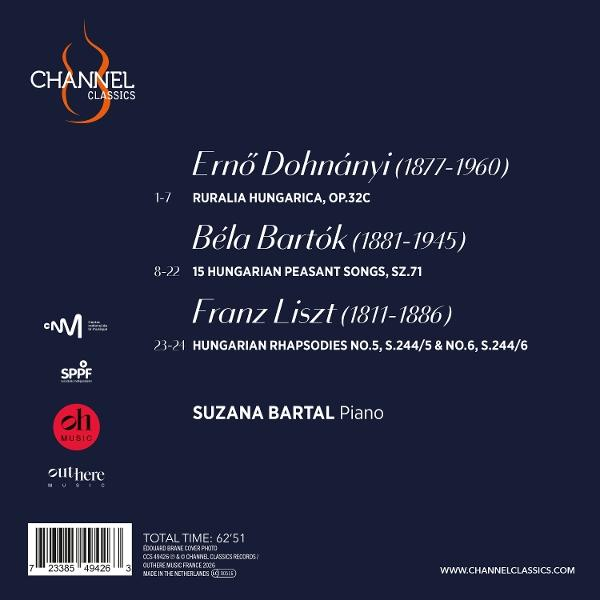 Dunkelblaue CD-Rückseite mit klassischen Klavierstücken von Dohnányi, Bartók und Liszt, gespielt von Suzana Bartal.