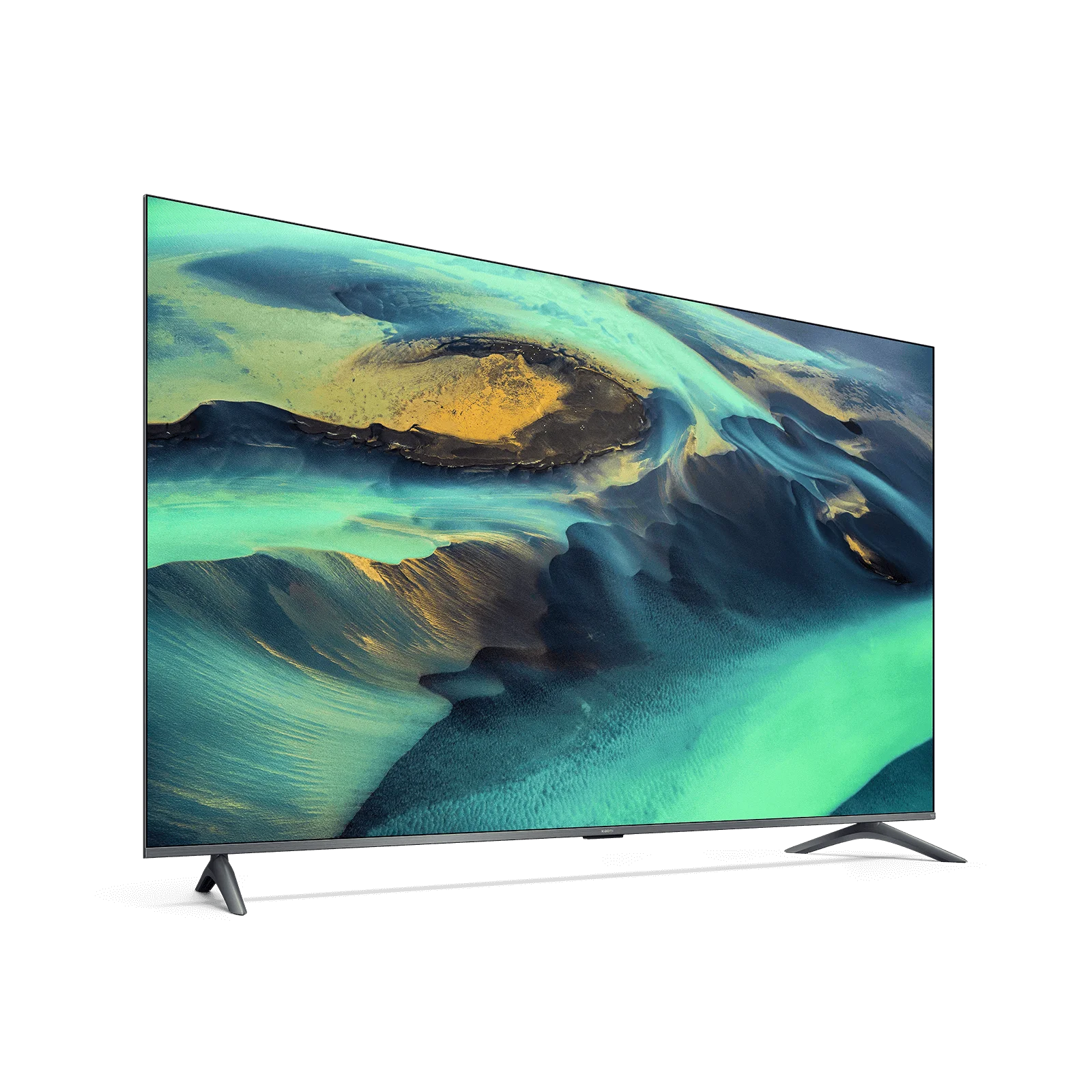 Un televisor de pantalla plana muestra un paisaje abstracto y colorido sobre un fondo negro.
