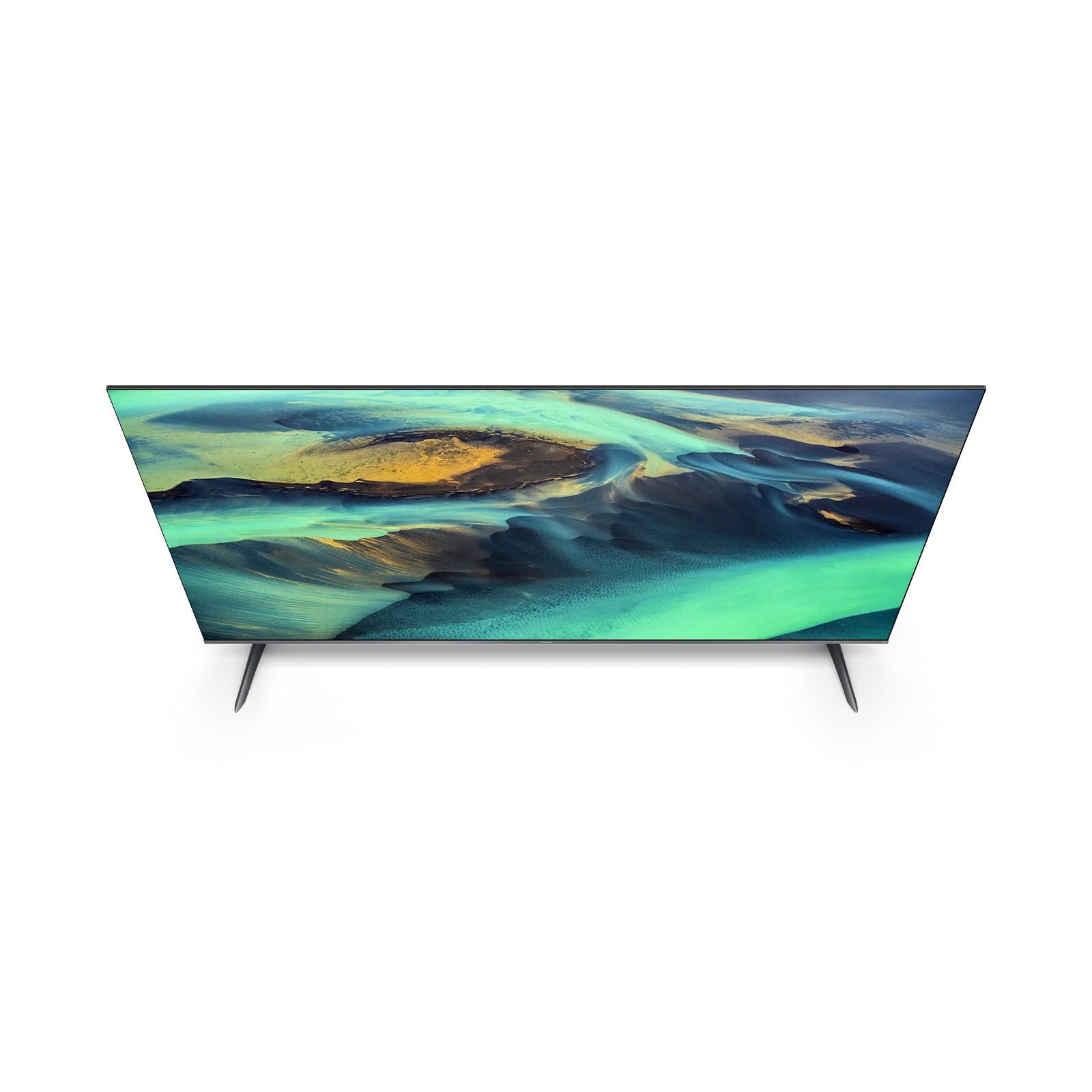 Un televisor elegante con soportes muestra una imagen abstracta de tonos azules y dorados sobre un fondo negro.