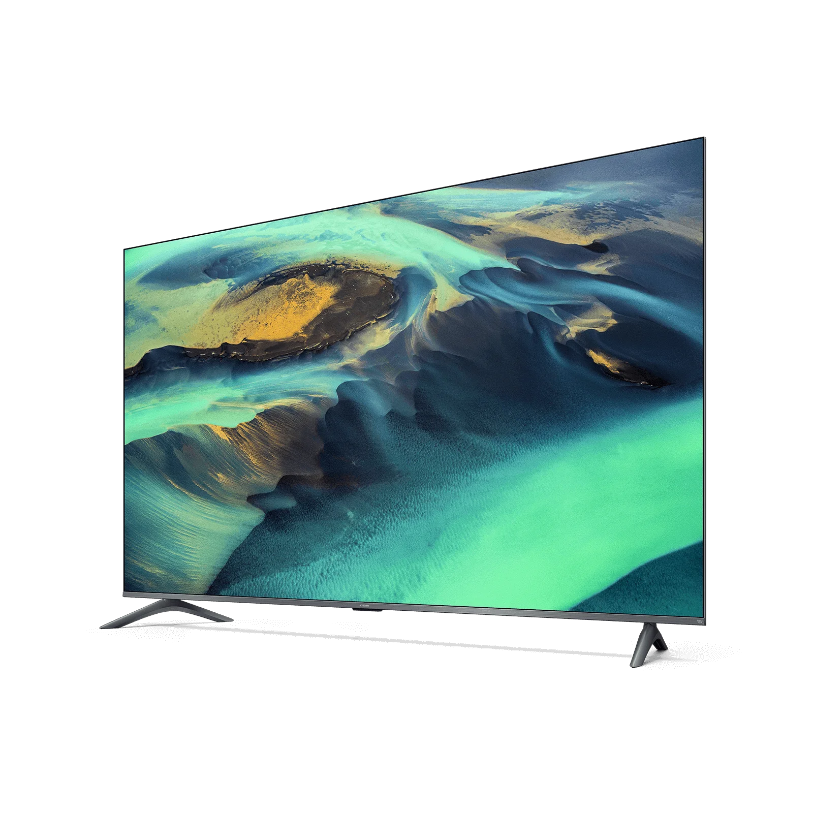 Un televisor de pantalla plana sobre fondo negro muestra un paisaje abstracto con tonos azules y amarillos.