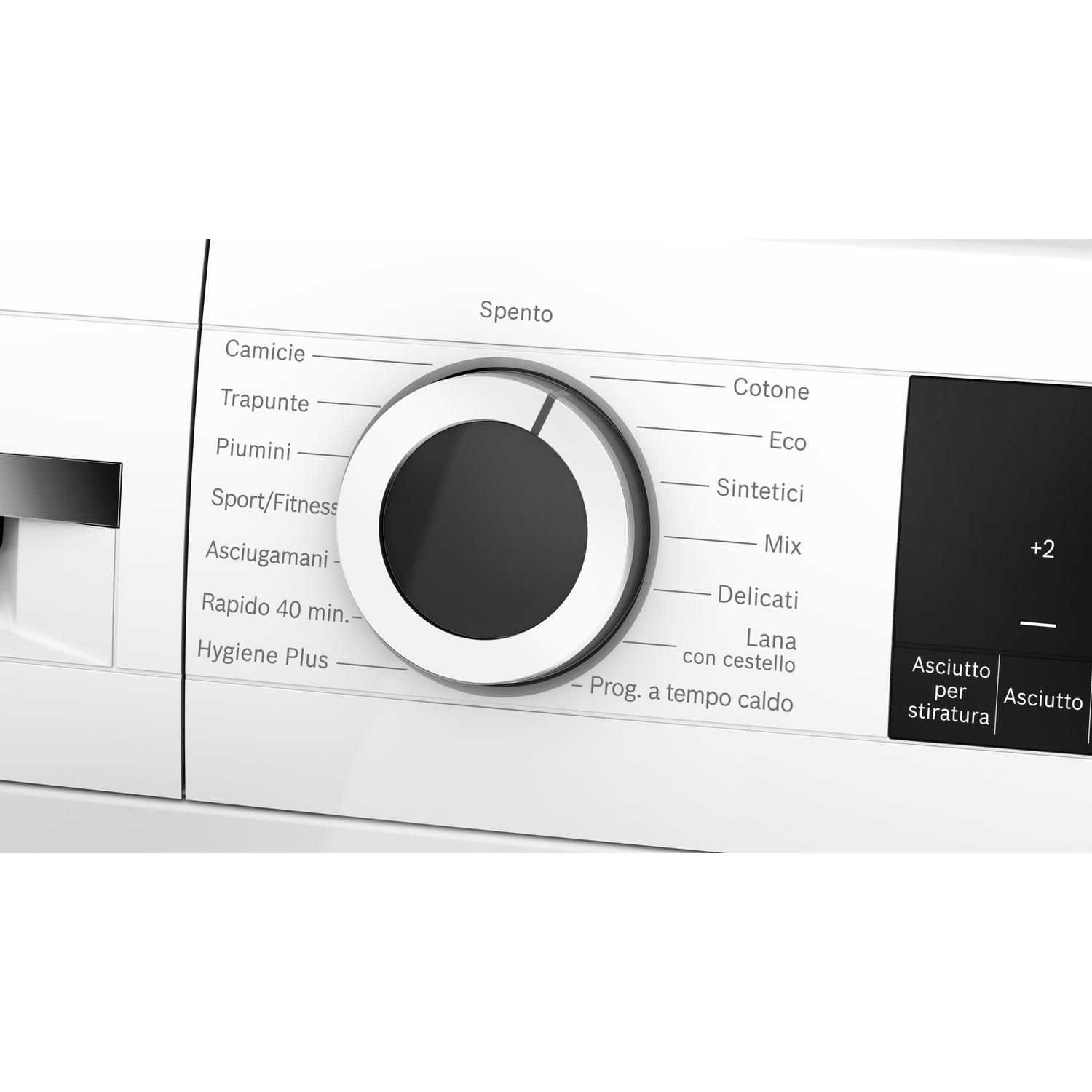 Manopola selettore programmi per lavatrice in argento e bianco con etichette in italiano.