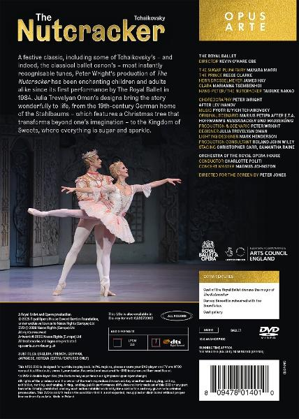 DVD-Cover von Tschaikowskys Nussknacker mit zwei Balletttänzern in der Mitte und viel Text.