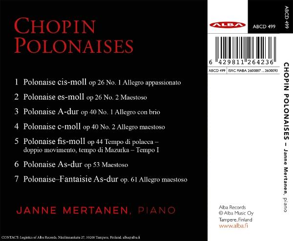 Rückseite einer Chopin Polonaisen CD mit Titeliste, Barcode und Janne Mertanen am Klavier.