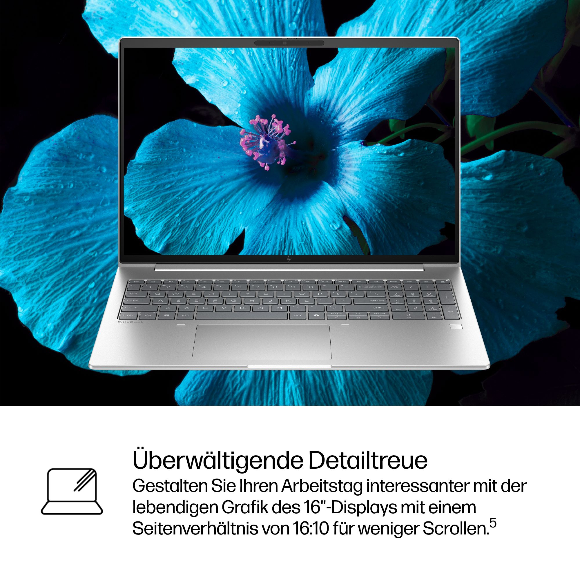 Ein silberner Laptop zeigt auf dem Display eine blaue Blüte. Darunter Text in deutscher Sprache.