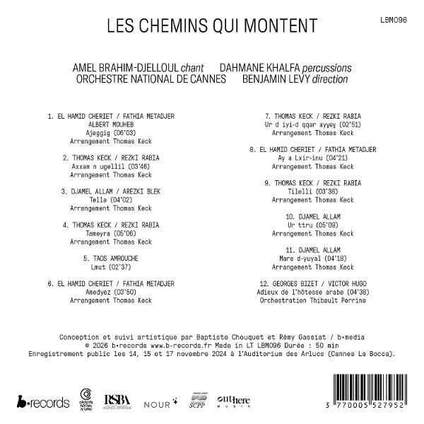 Rückseite des Musikalbums Les Chemins Qui Montent mit Titelliste und Mitwirkenden in schwarzem Text.