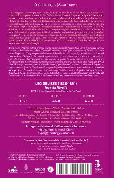Rückseite eines CD-Covers auf violettem Hintergrund mit weißem Text über Leo Delibes' Oper Jean de Nivelle.