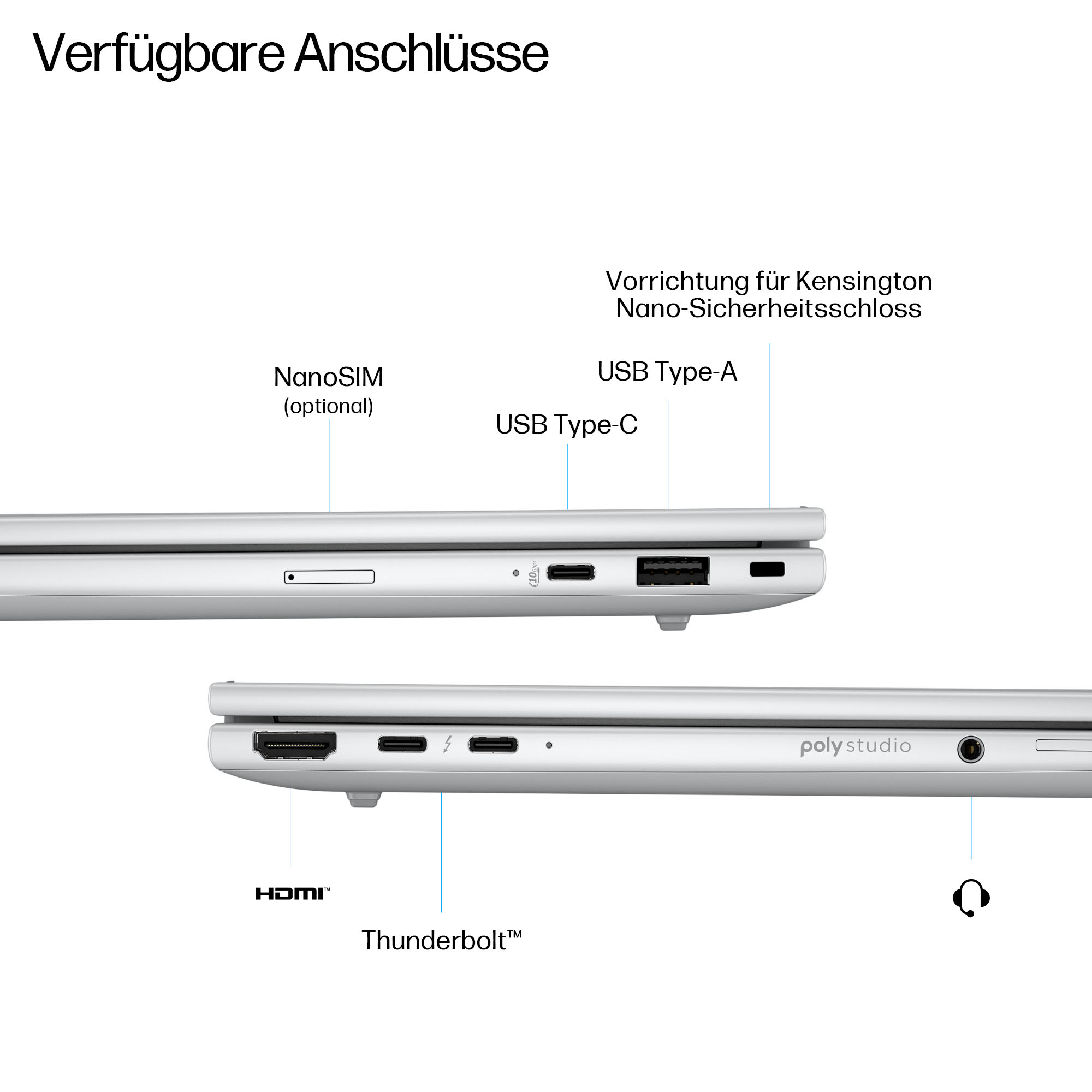 Diagramm zeigt die Anschlüsse eines silbernen Laptops, einschließlich HDMI, Thunderbolt, USB und Kensigton-Schloss.