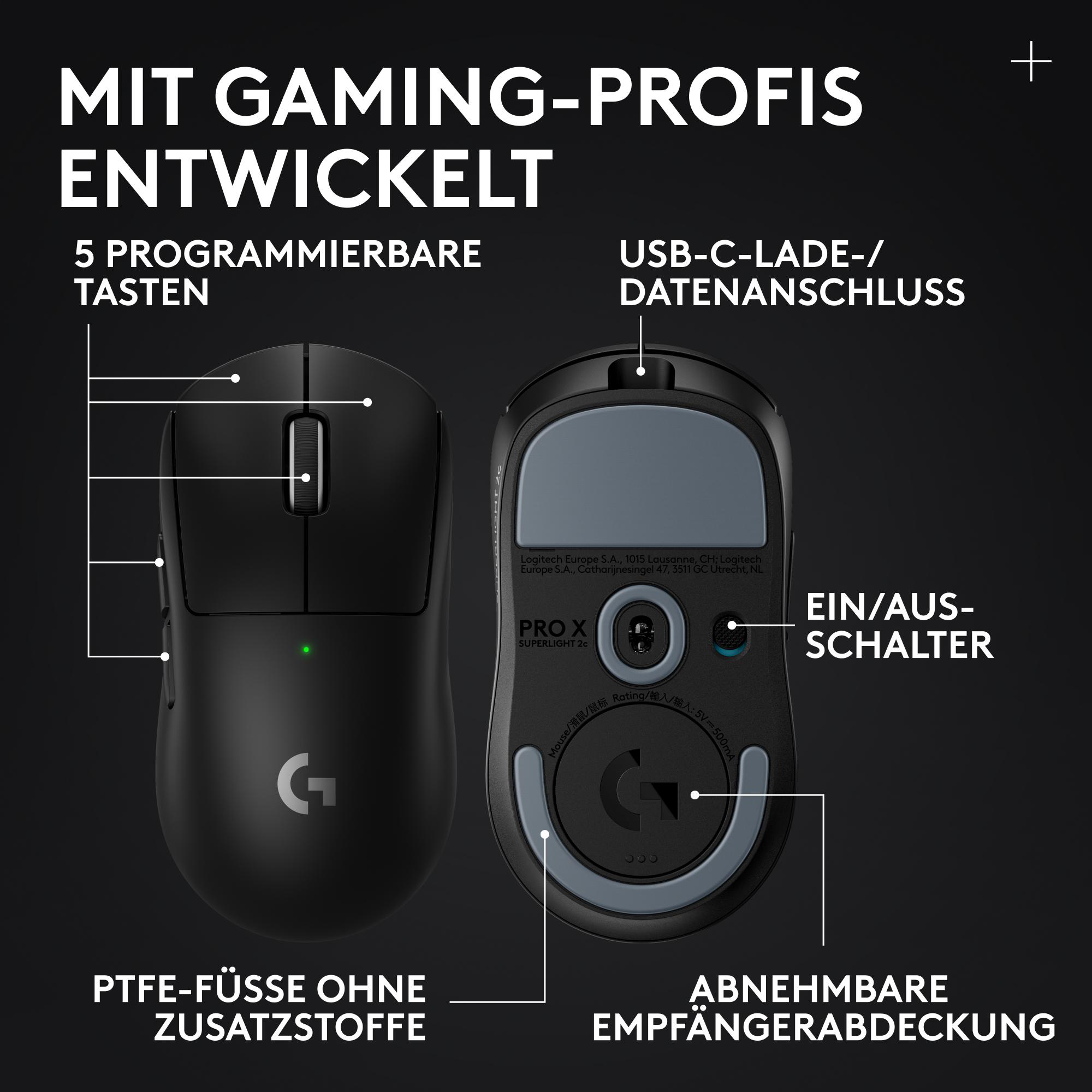 Technische Details einer schwarzen Gaming-Maus mit Beschriftungen auf Deutsch.