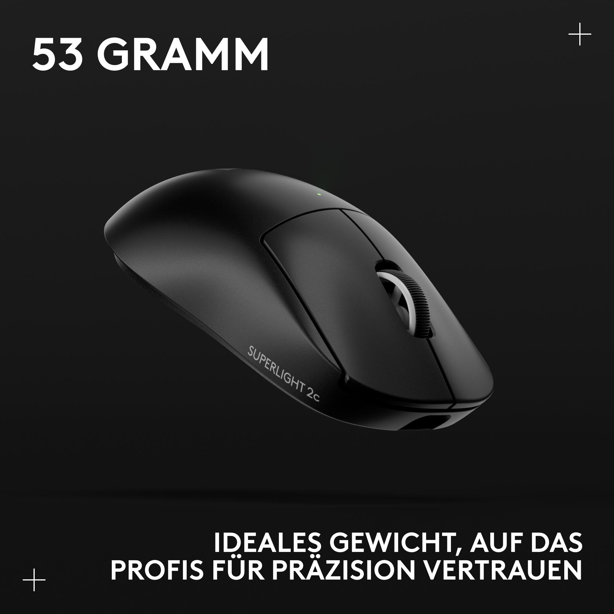 Schwarze kabellose Computermaus mit dem Text Superlight 2c und Texten oben und unten vor dunklem Hintergrund.