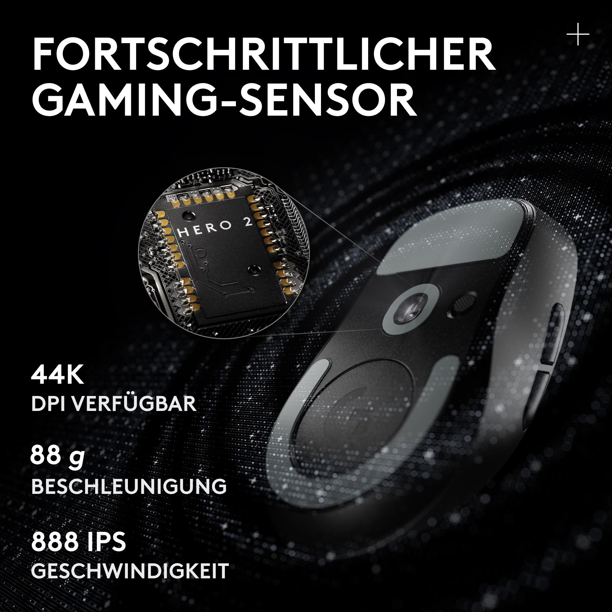 Eine schwarze Gaming-Maus mit technischen Daten und vergrößertem Hero 2-Sensor.