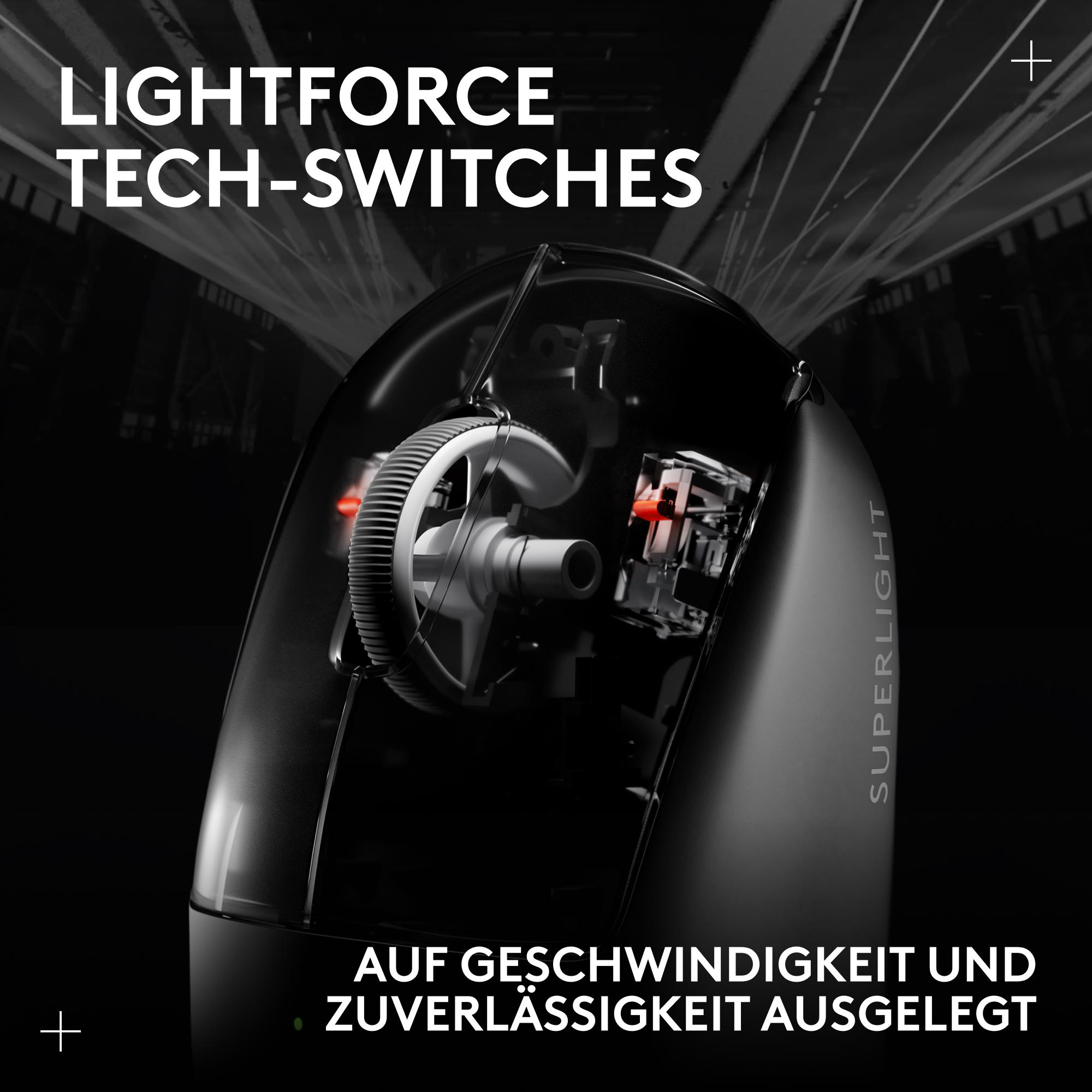 Schwarze Computermaus mit transparenter Oberseite, die das interne Scrollrad und die Schalter zeigt.