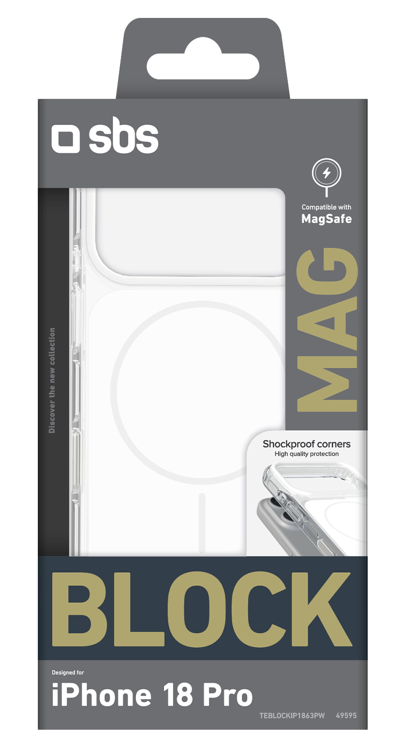 Opakowanie przezroczystego etui MagSafe do iPhone'a 18 Pro z dużymi złotymi literami.