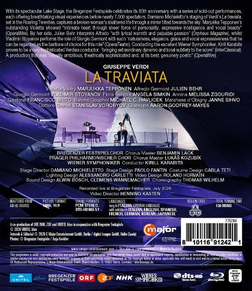 DVD-Rückseite für La Traviata mit Besetzung und dunkelblauem, abstrakten geometrischen Design.