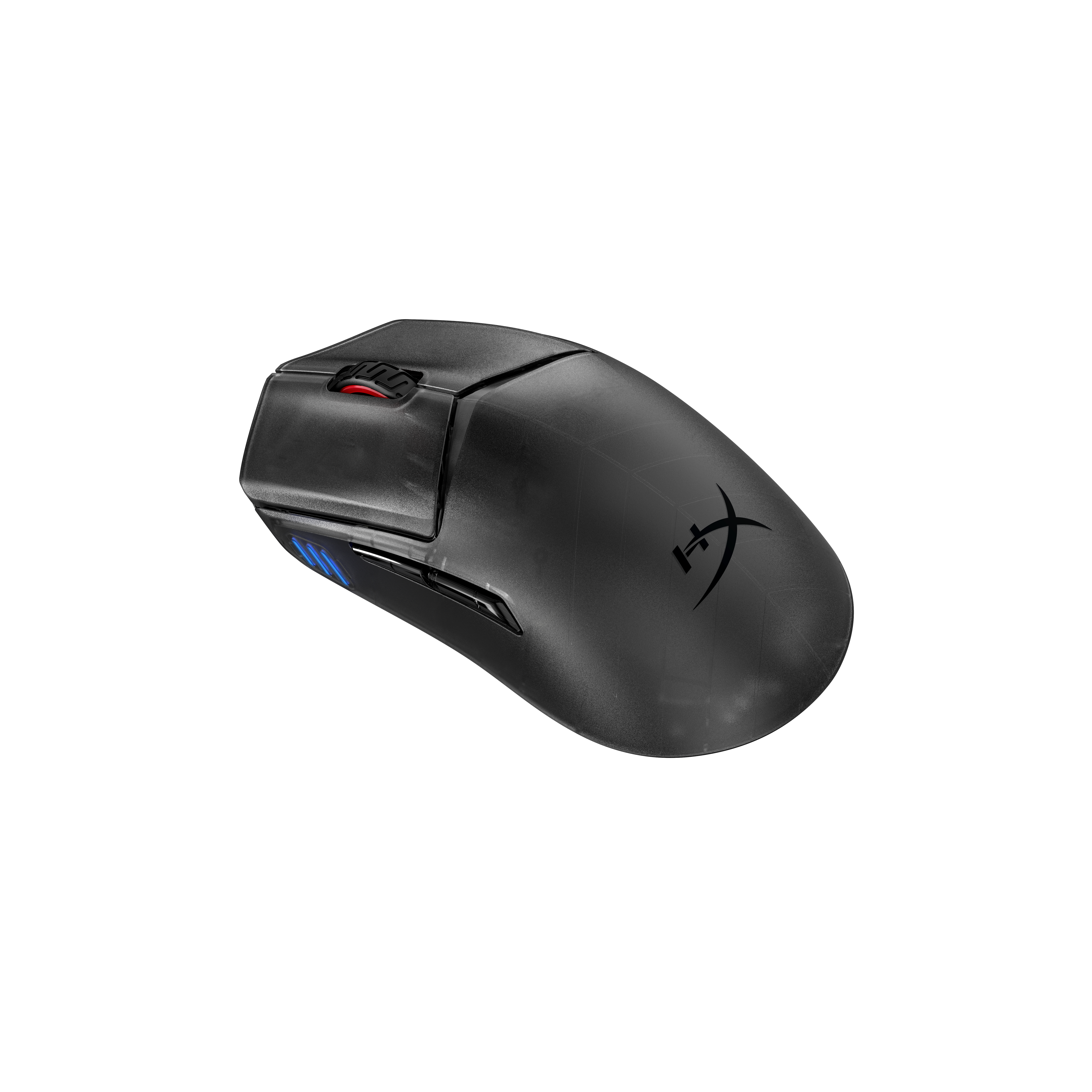 Eine schwarze kabellose Gaming-Maus mit blauen LEDs und HyperX-Logo auf schwarzem Hintergrund.