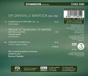 Rückseite einer Musik-CD mit Trackliste für Werke von Granville Bantock, dirigiert von Rumon Gamba.