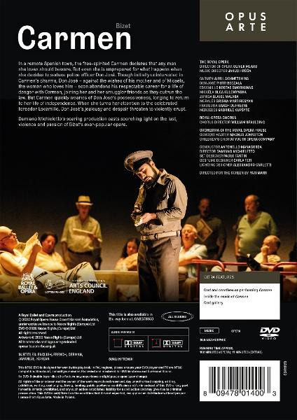 DVD-Rückseite der Oper Carmen mit Texten, Stabangaben und einer Szene mit mehreren Schauspielern.