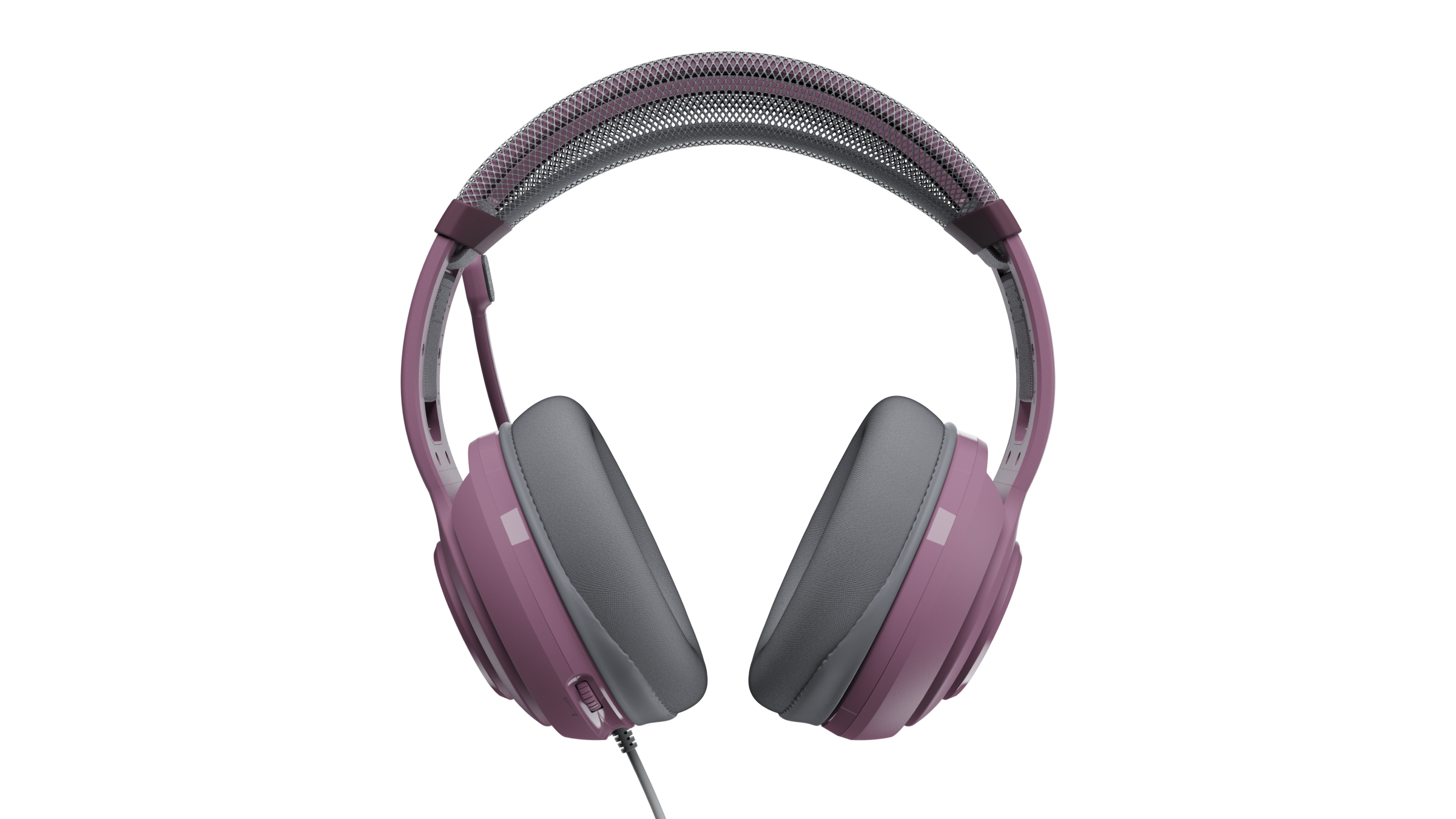 Pink and gray over-ear headphones with a cushioned headband and ear pads on a black background.