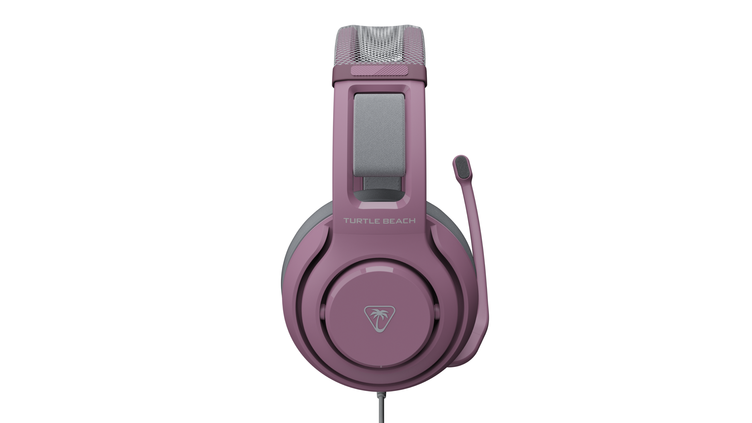 Pink Turtle Beach gaming headset with attached microphone and cable on a black background.