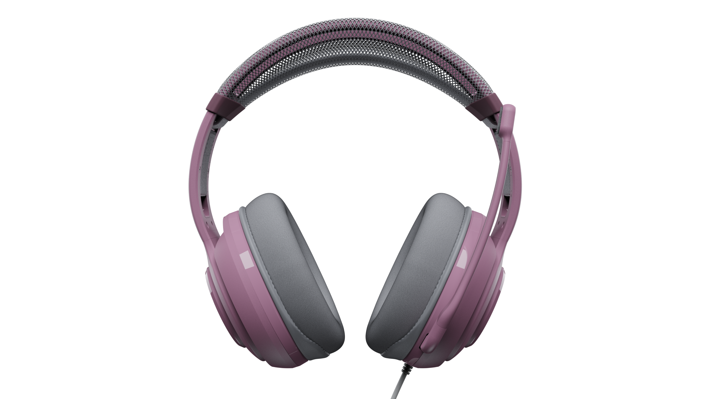 Pink and grey gaming headphones with a mesh headband on a black background.
