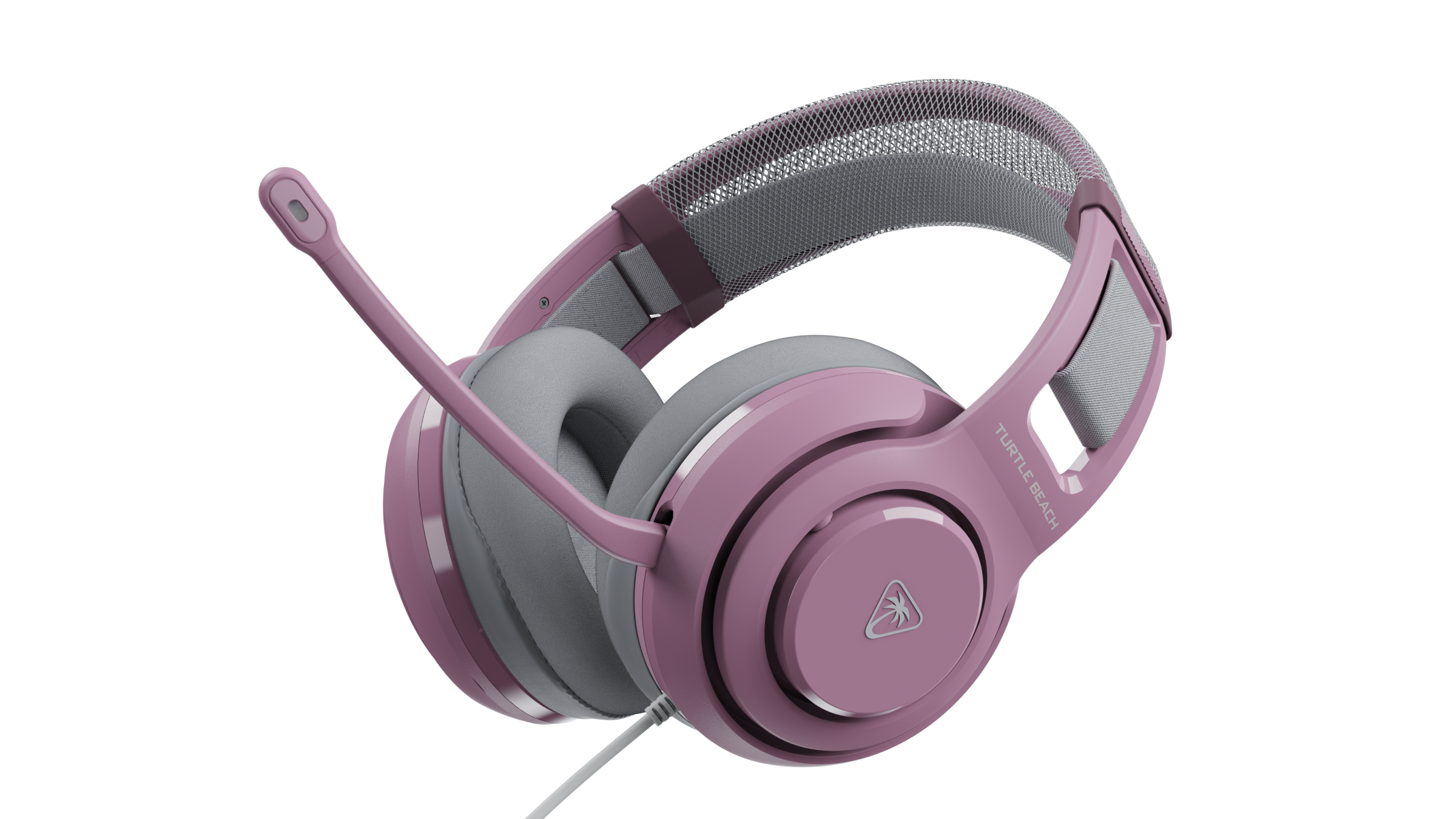 Pink gaming headset with a grey headband and microphone on a black background.