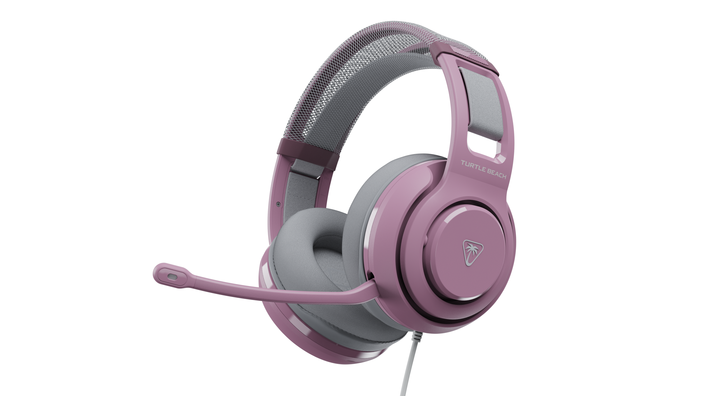 Pink and grey gaming headset with attached microphone against a black background.