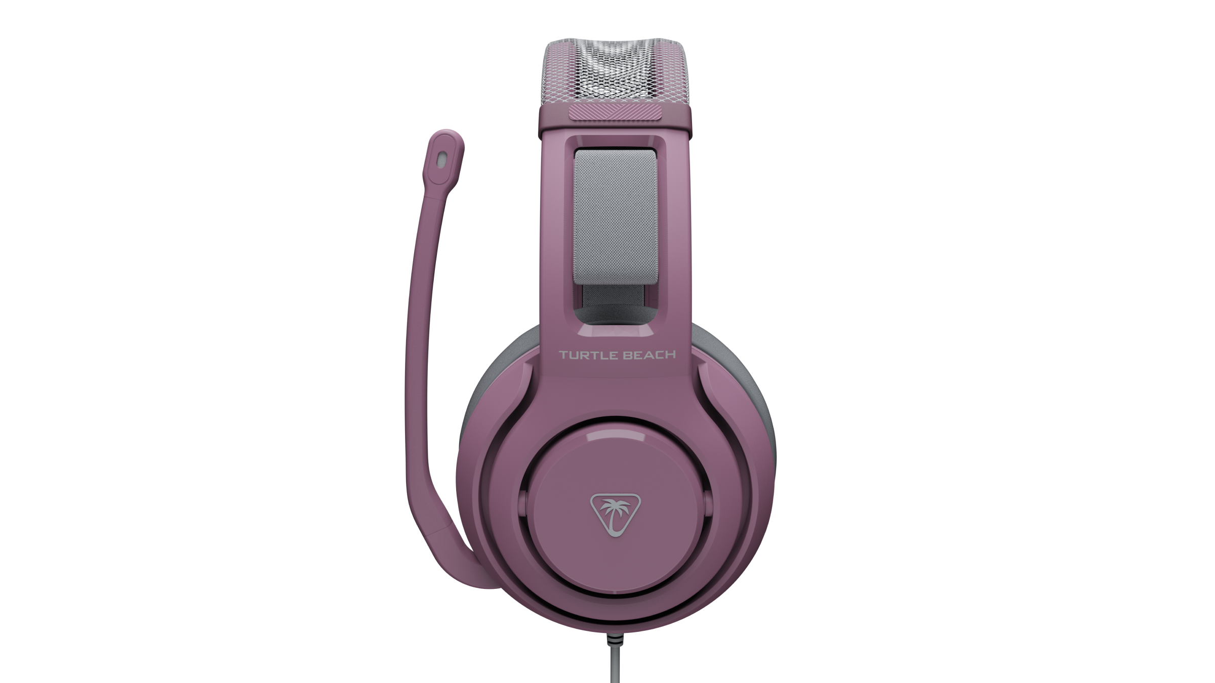 Pink Turtle Beach gaming headset with attached microphone and grey headband, shown against a solid black background.