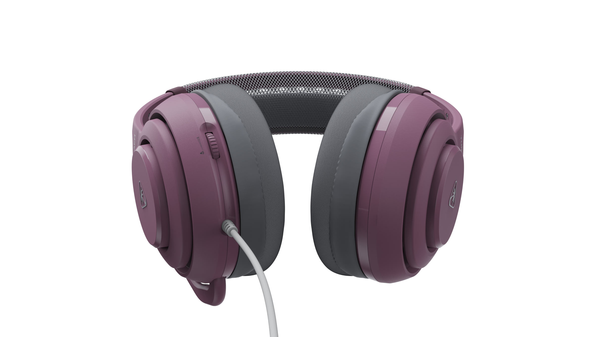 Purple over-ear headphones with grey ear cushions and a white cable against a black background.