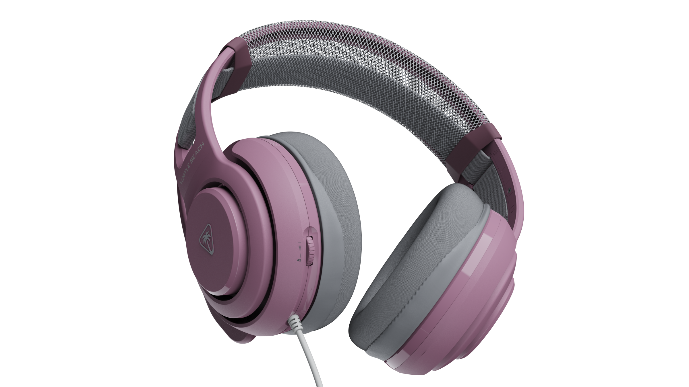 Pink and gray Turtle Beach gaming headphones with a white cable against a black background.