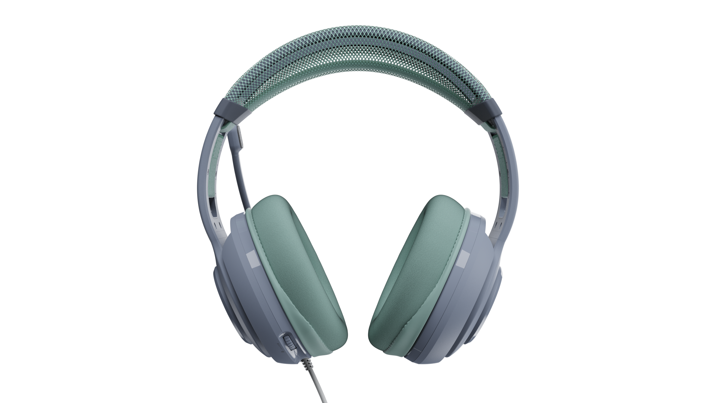 Greenish-grey over-ear headphones with a cushioned headband on a black background.