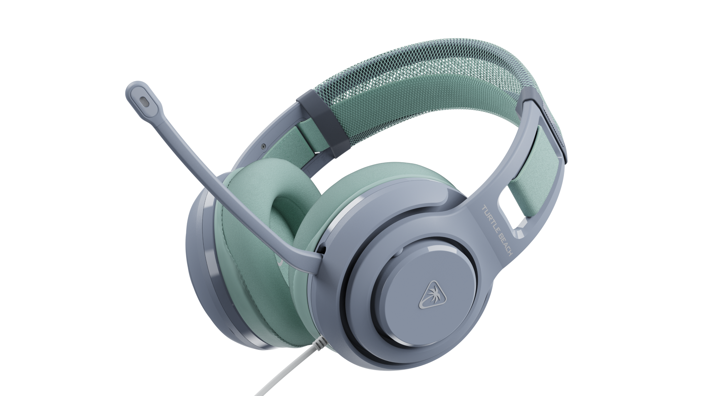 Light grey and mint green Turtle Beach gaming headset with microphone on a black background.