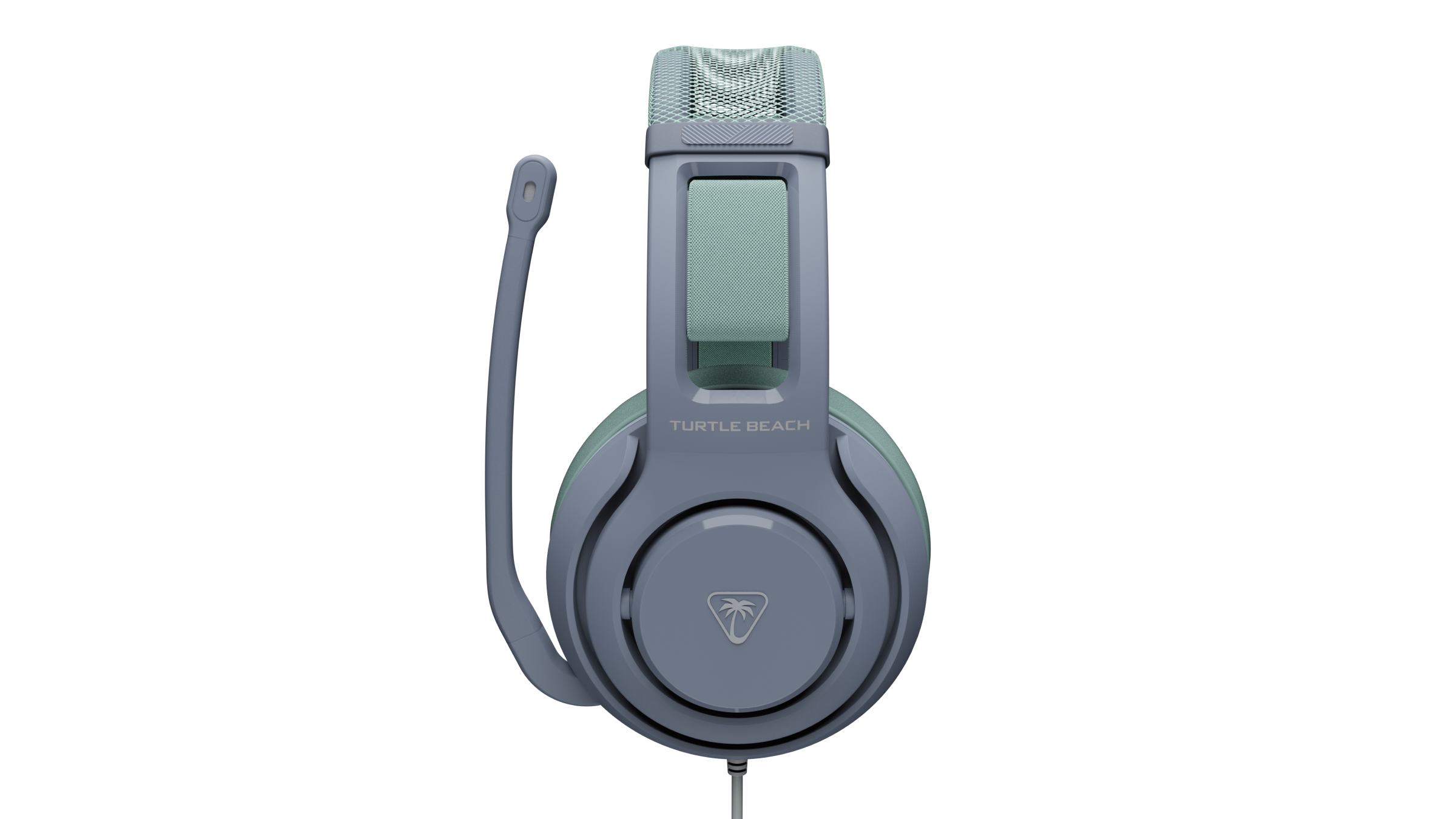 Blue Turtle Beach gaming headset with microphone on a black background.