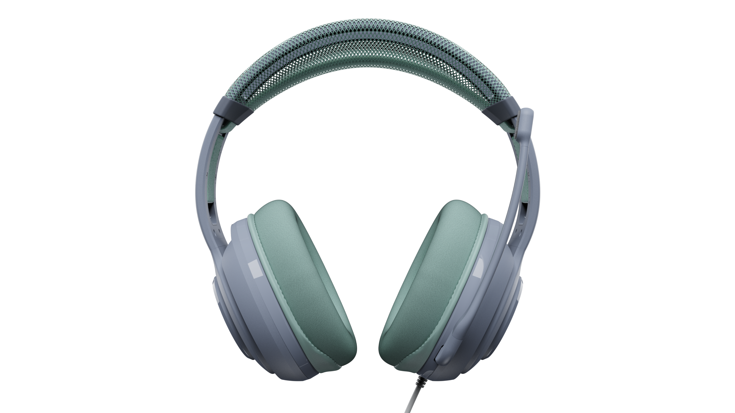 Gray and green over-ear headphones with a mesh headband on a black background.