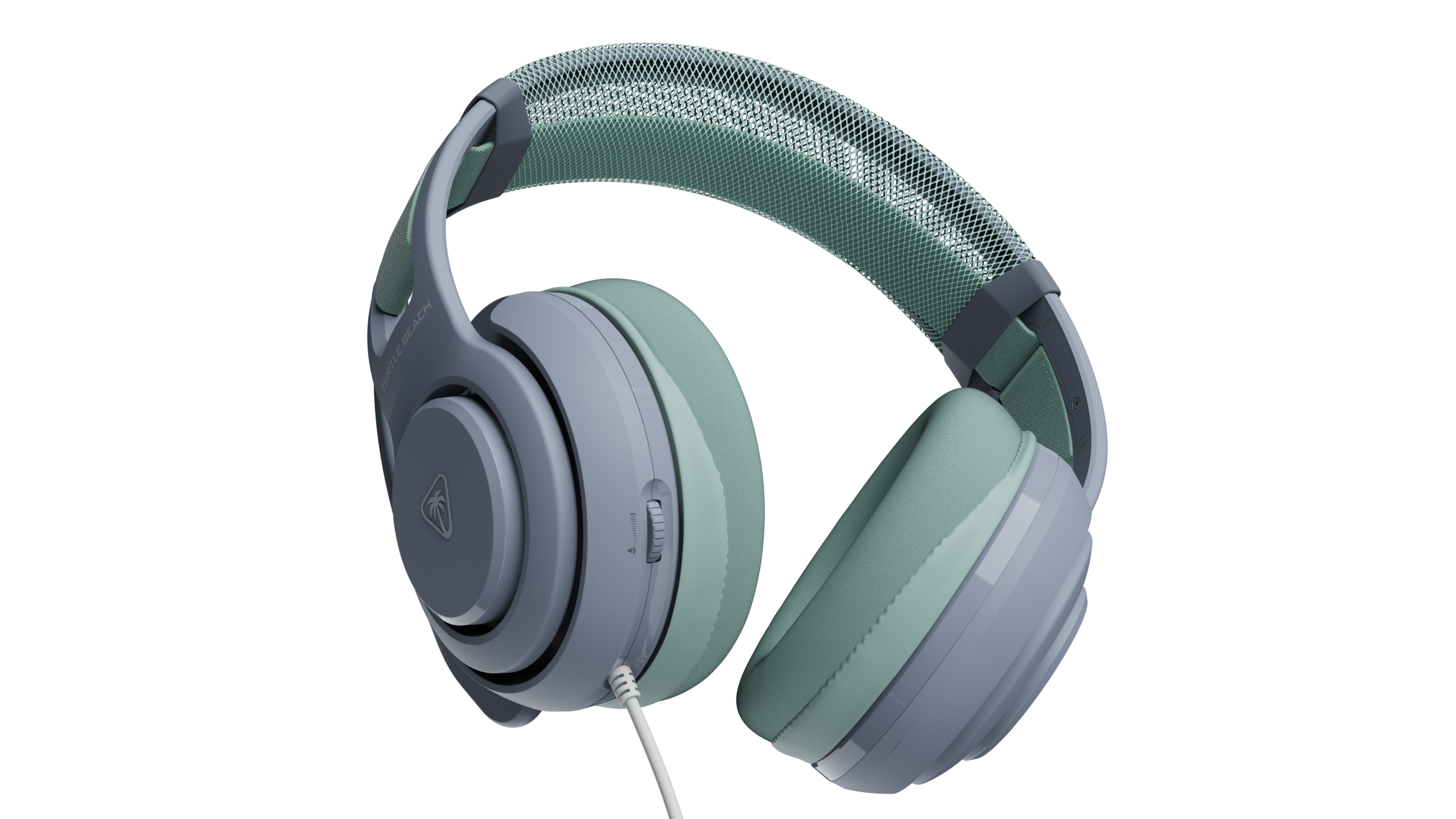 Grey and mint green gaming headphones with mesh headband and attached white audio cable against a black background.