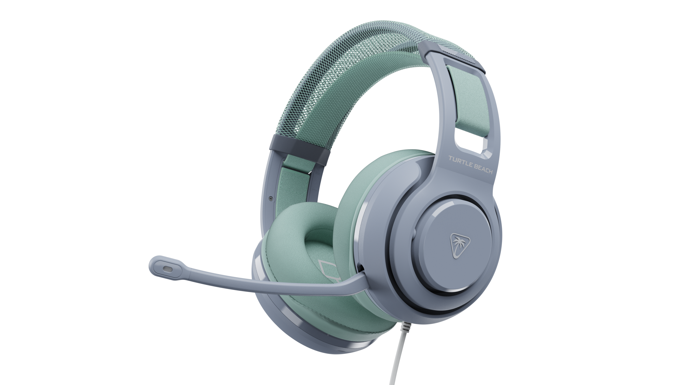 Light blue and mint green Turtle Beach gaming headset with an attached microphone against a black background.