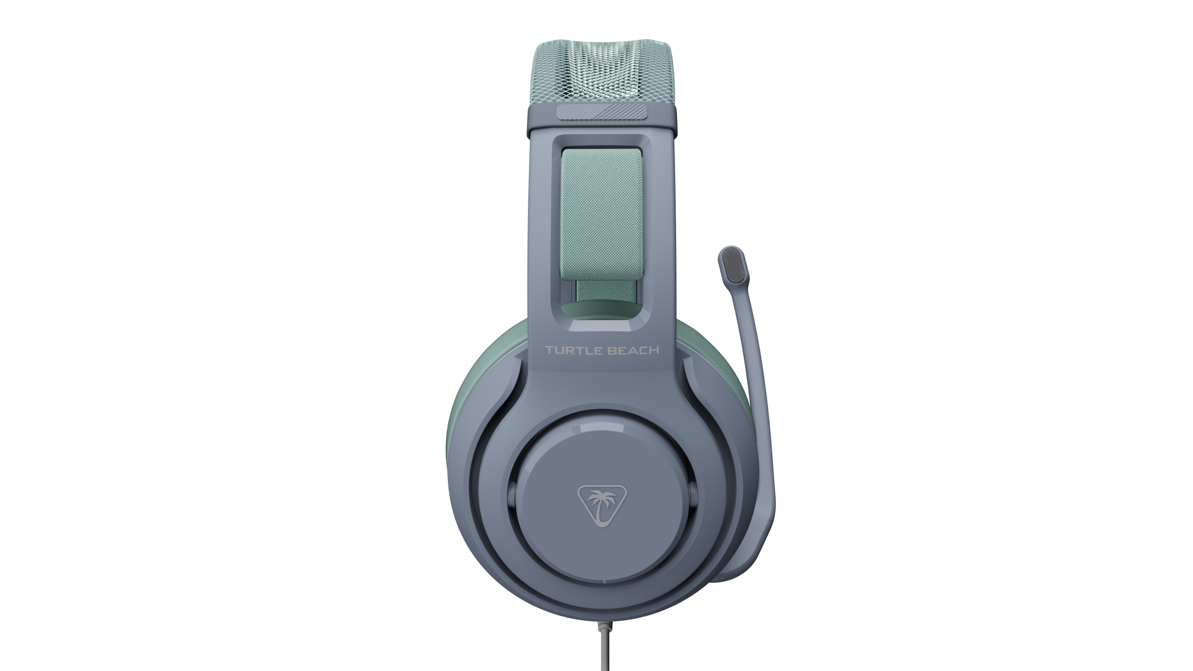 Light blue and green Turtle Beach gaming headset with a microphone on a black background.