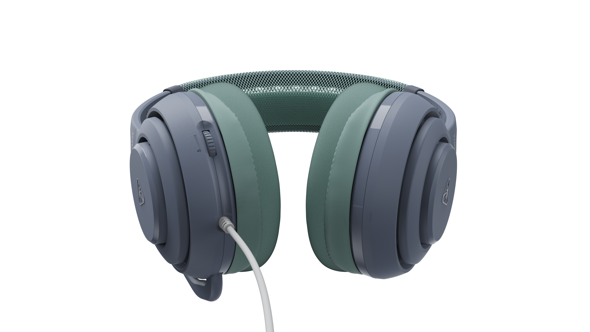 Gray-green over-ear headphones with a mesh headband and white cable against a black background.