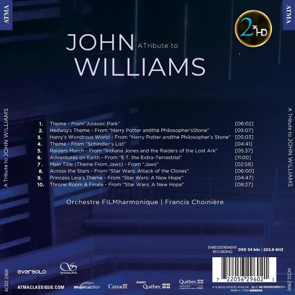 Rückseite einer CD mit Tracklist eines Tribute-Albums für John Williams mit Orchester.